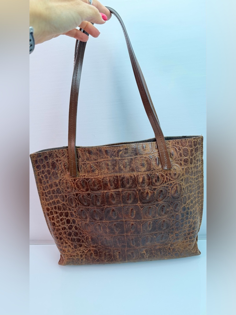 B May Essential Tote Sueded Crocodile Leather Bag Brown